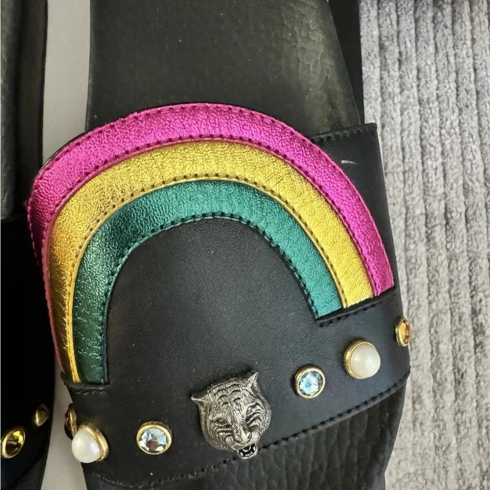Gucci black Women's Slide Sandals with Red Heart & Rainbow Accent - Picture 3 of 6